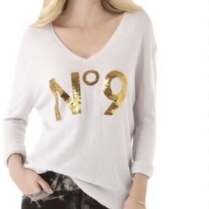 Wildfox White Label White Sweater Gold Sequins No. 9 V-Neck Oversized Small